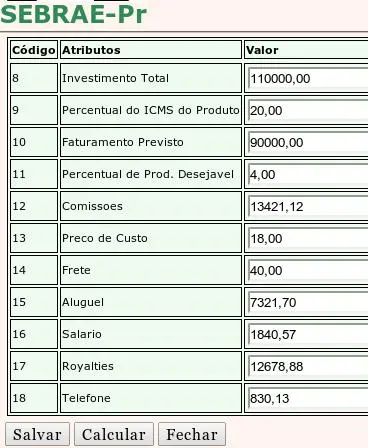 Tela de alimentação de valores do aplicativo GPSI para uso do FrameMK