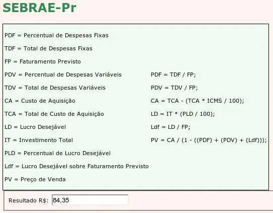 Tela apresentando cálculo Sebrae do aplicativo GPSI para uso do FrameMK